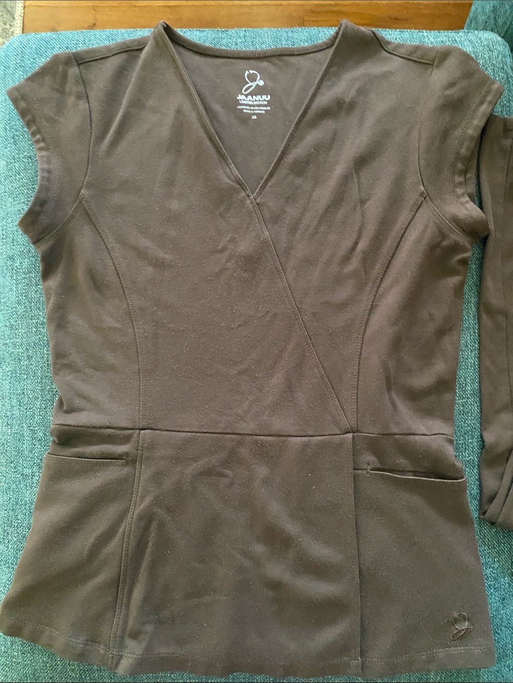 Jaanuu Brown Mock Wrap Scrub Top
